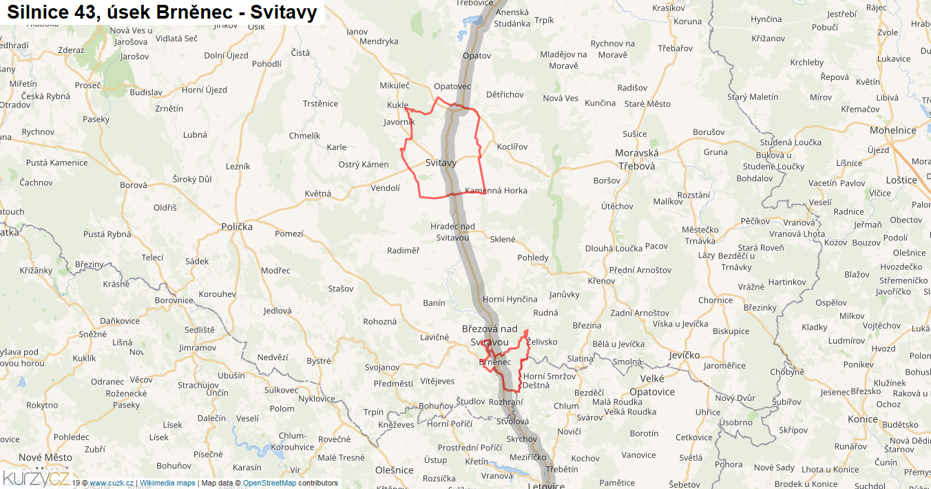 Úsek Brněnec - Svitavy, Silnice 43 - Mapa