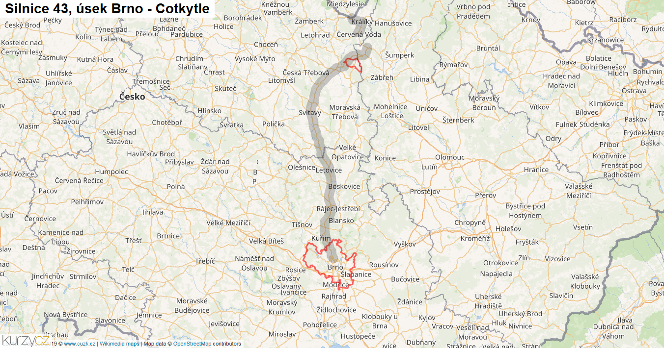 Úsek Brno - Cotkytle, Silnice 43 - Mapa