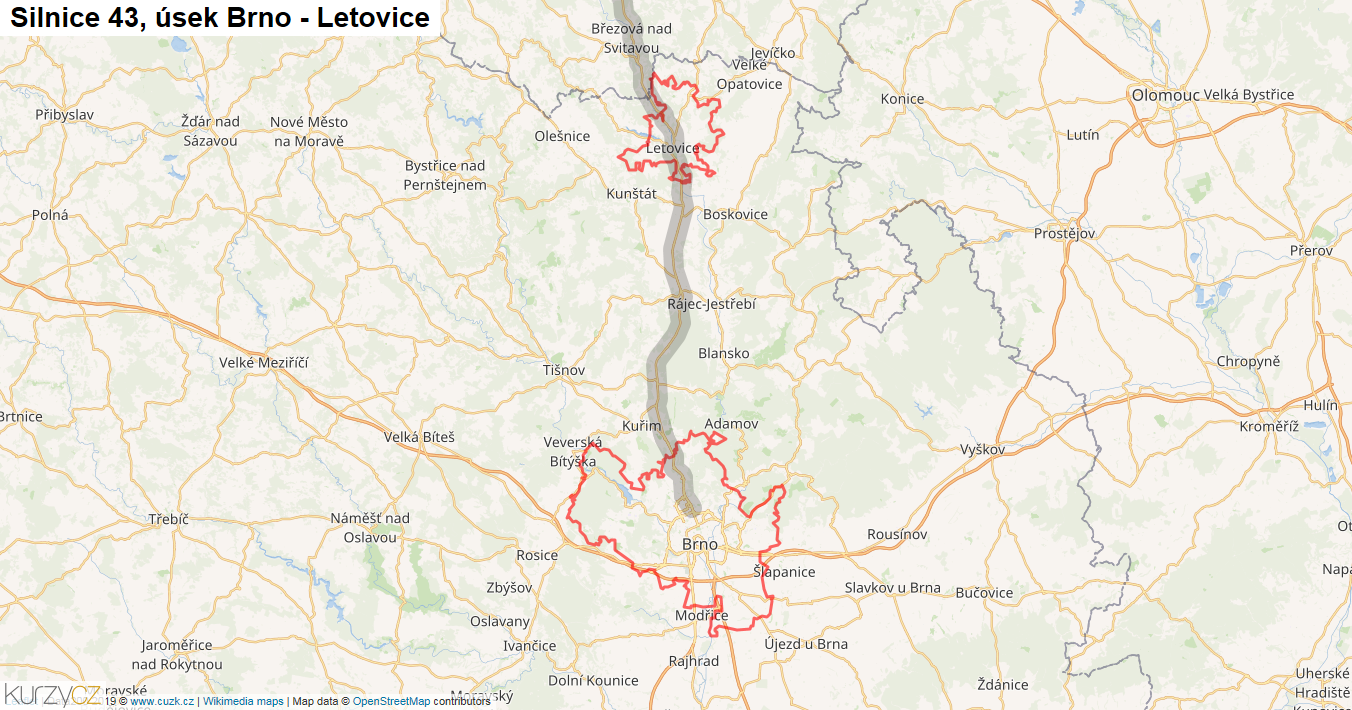 Úsek Brno - Letovice, Silnice 43 - Mapa
