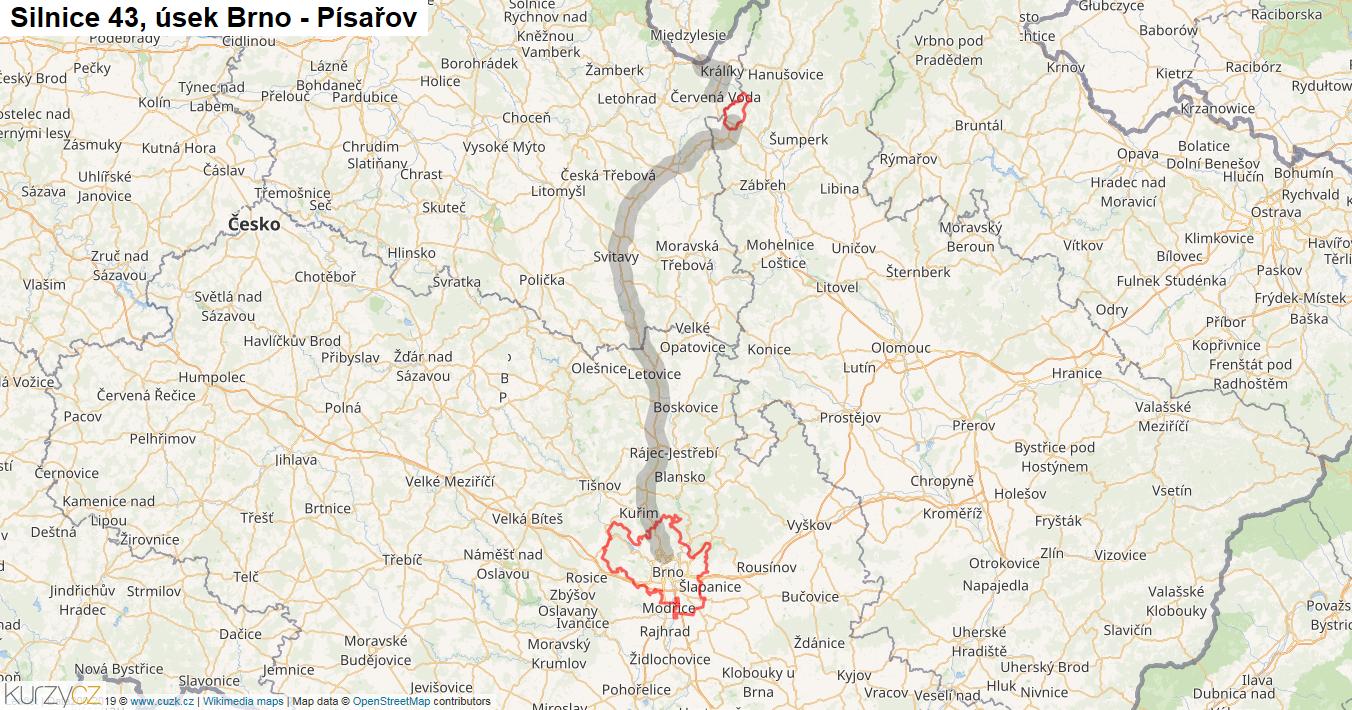 Úsek Brno - Písařov, Silnice 43 - Mapa