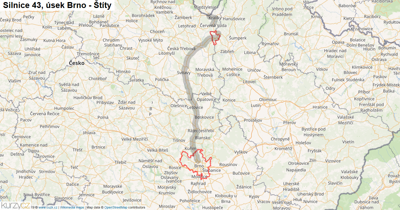 Úsek Brno - Štíty, Silnice 43 - Mapa