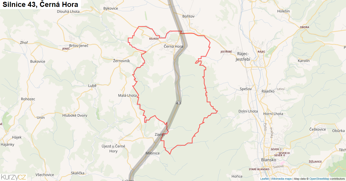 Černá Hora, Silnice 43 - Mapa