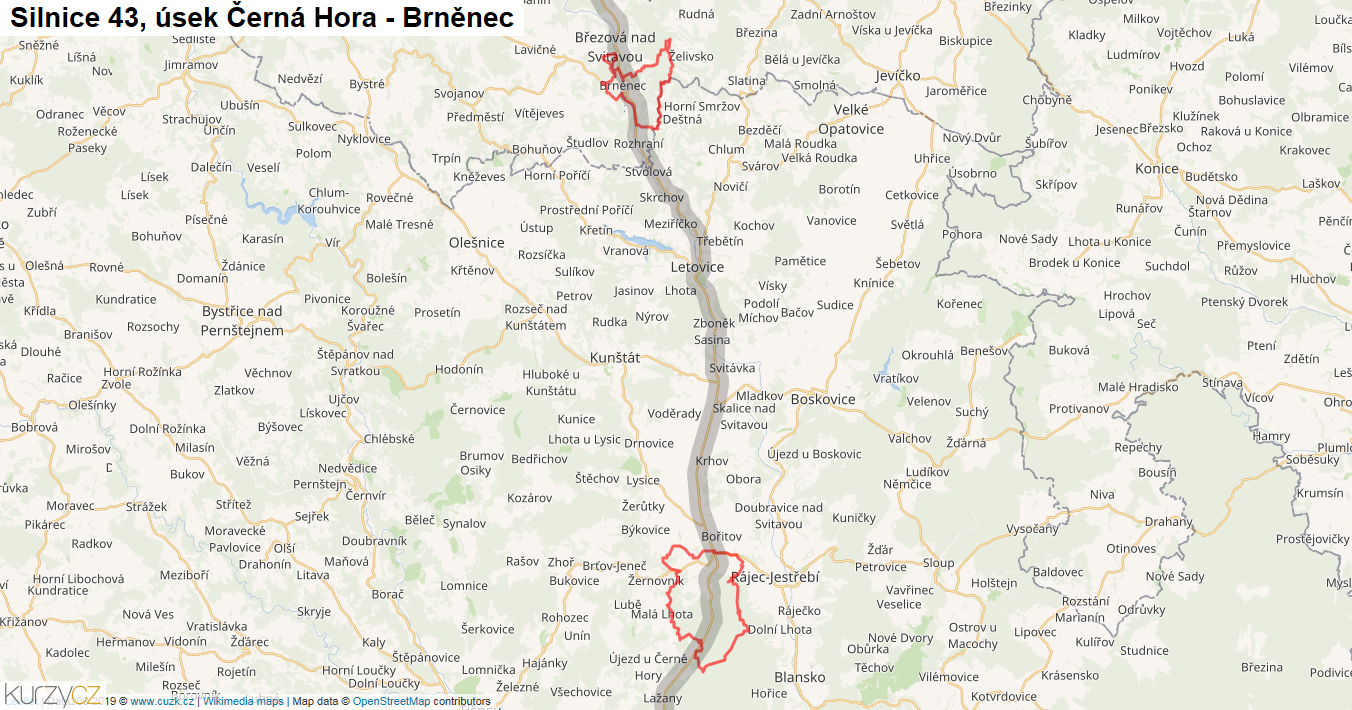 Úsek Černá Hora - Brněnec, Silnice 43 - Mapa