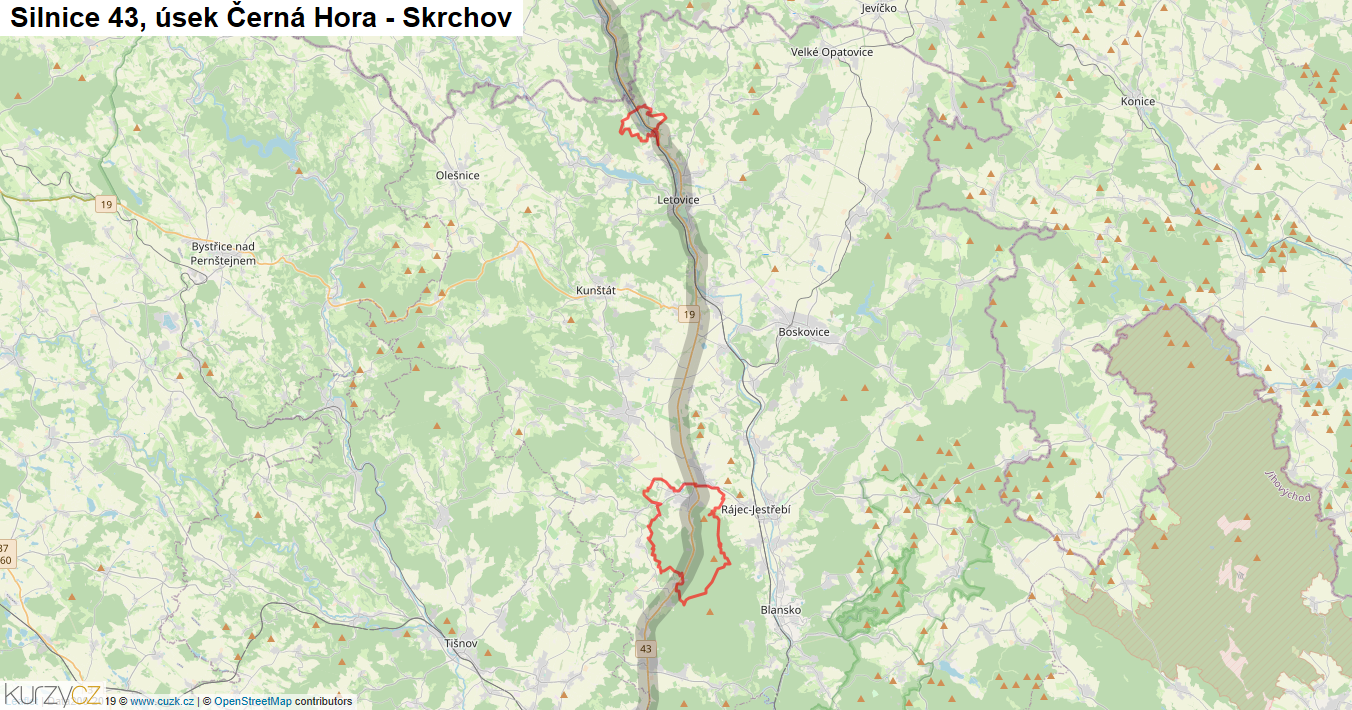 Úsek Černá Hora - Skrchov, Silnice 43 - Mapa