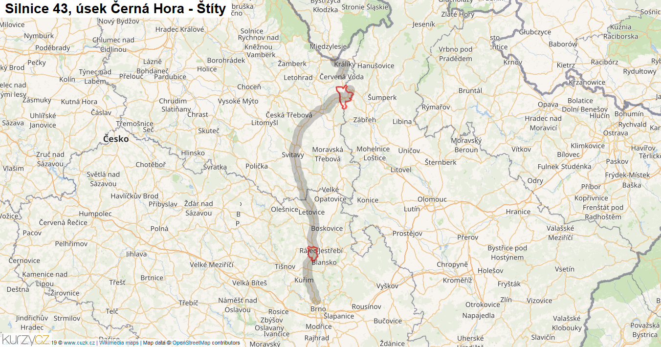 Úsek Černá Hora - Štíty, Silnice 43 - Mapa