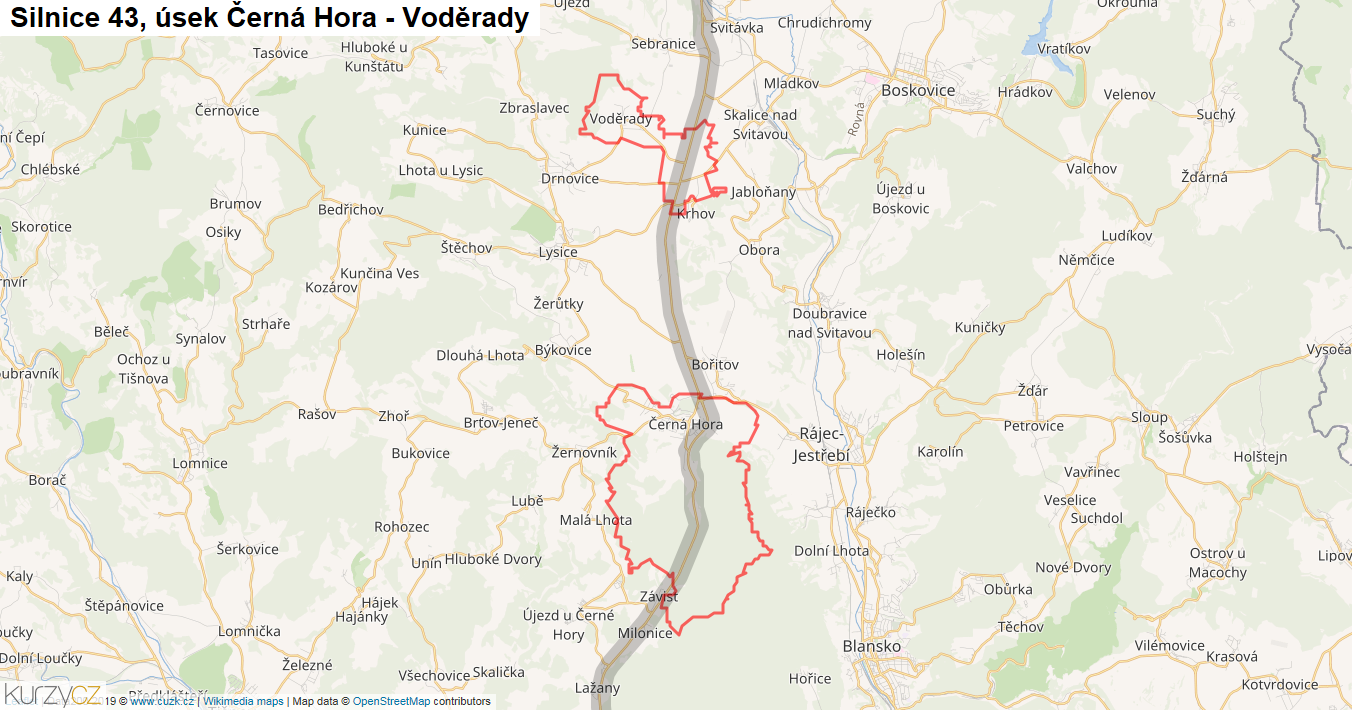 Úsek Černá Hora - Voděrady, Silnice 43 - Mapa