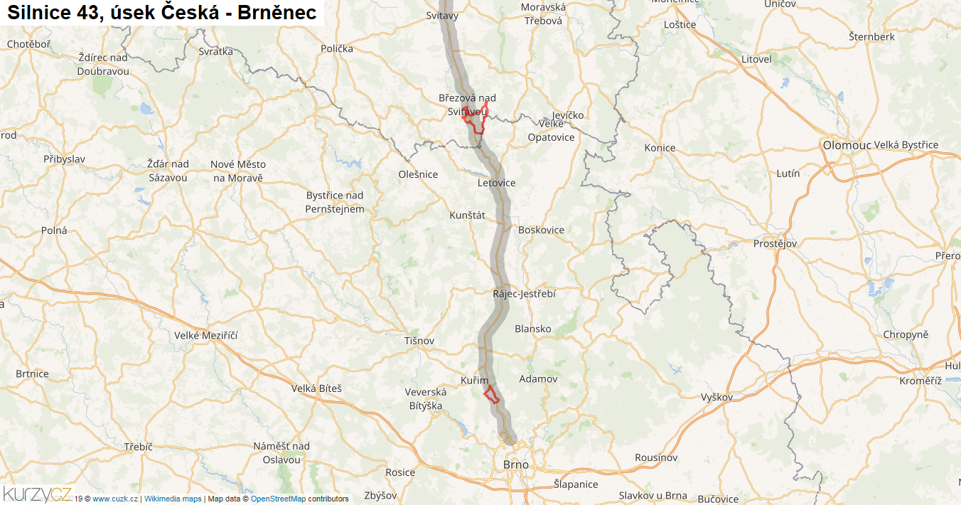 Úsek Česká - Brněnec, Silnice 43 - Mapa