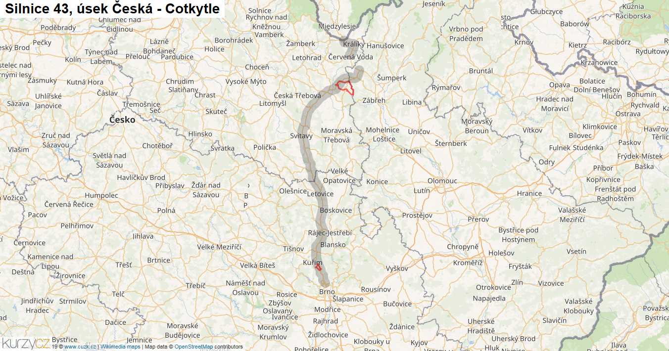 Úsek Česká - Cotkytle, Silnice 43 - Mapa