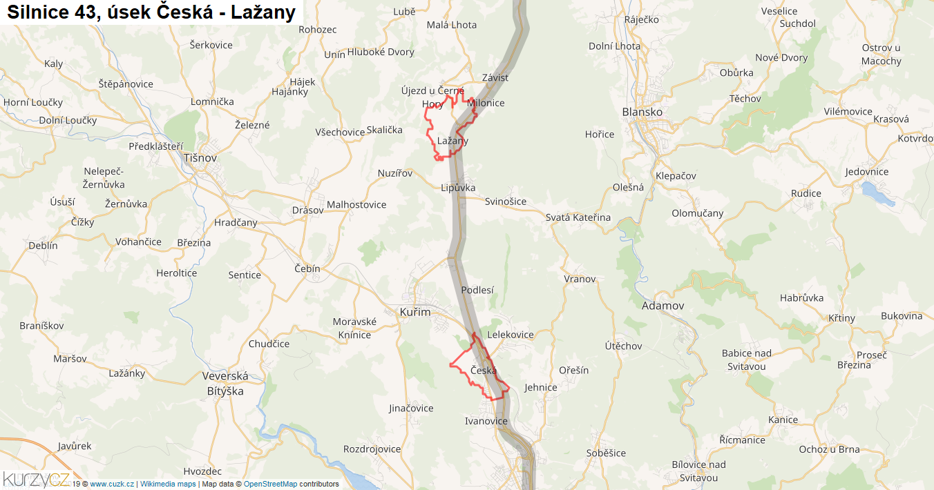 Úsek Česká - Lažany, Silnice 43 - Mapa