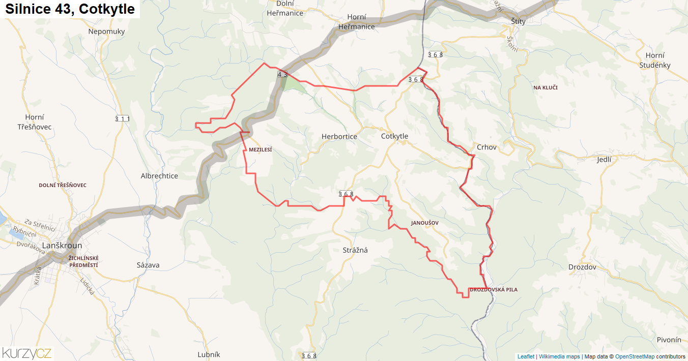 Cotkytle, Silnice 43 - Mapa