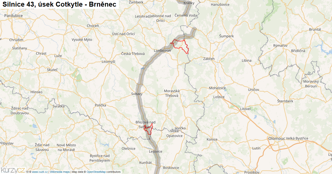 Úsek Cotkytle - Brněnec, Silnice 43 - Mapa