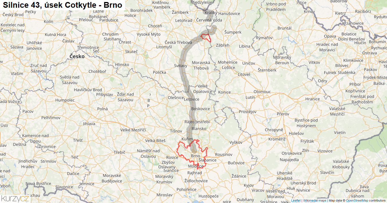 Úsek Cotkytle - Brno, Silnice 43 - Mapa