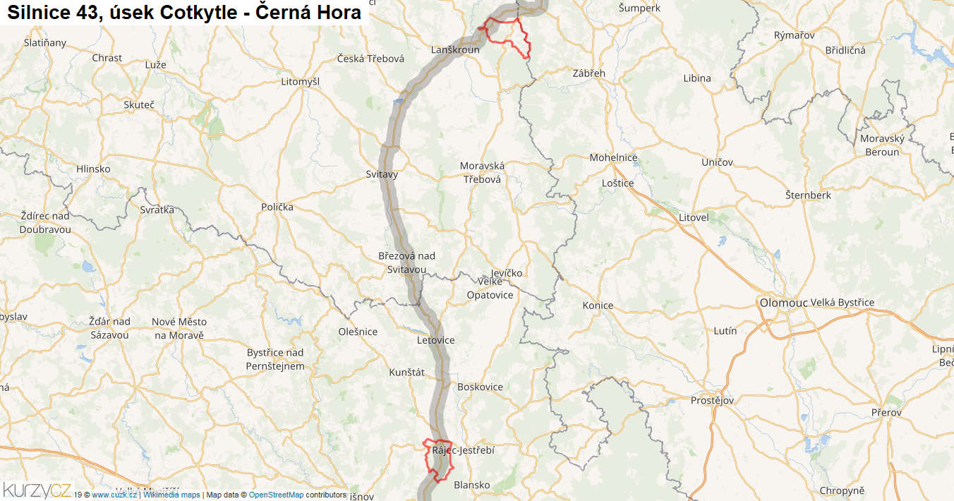 Úsek Cotkytle - Černá Hora, Silnice 43 - Mapa