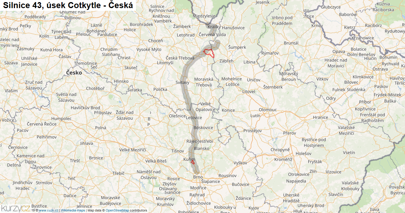 Úsek Cotkytle - Česká, Silnice 43 - Mapa