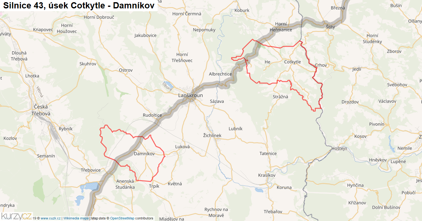 Úsek Cotkytle - Damníkov, Silnice 43 - Mapa
