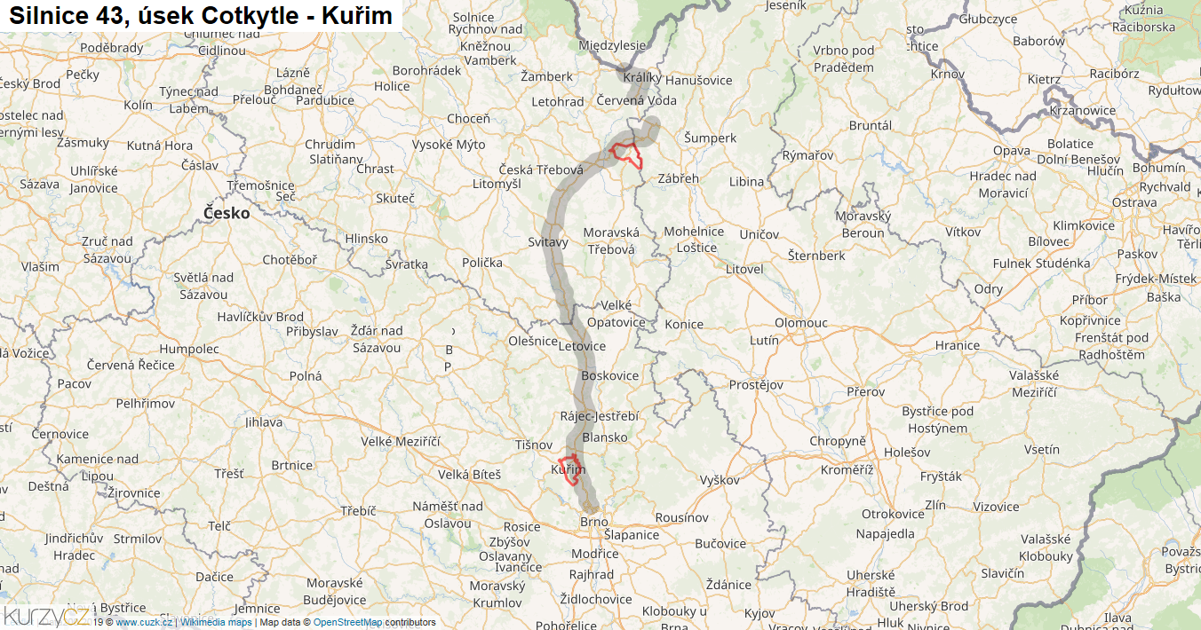 Úsek Cotkytle - Kuřim, Silnice 43 - Mapa