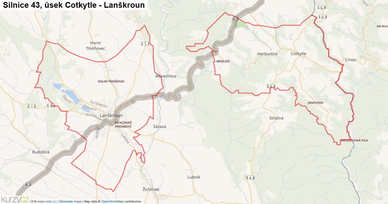 Úsek Cotkytle - Lanškroun, Silnice 43 - Mapa