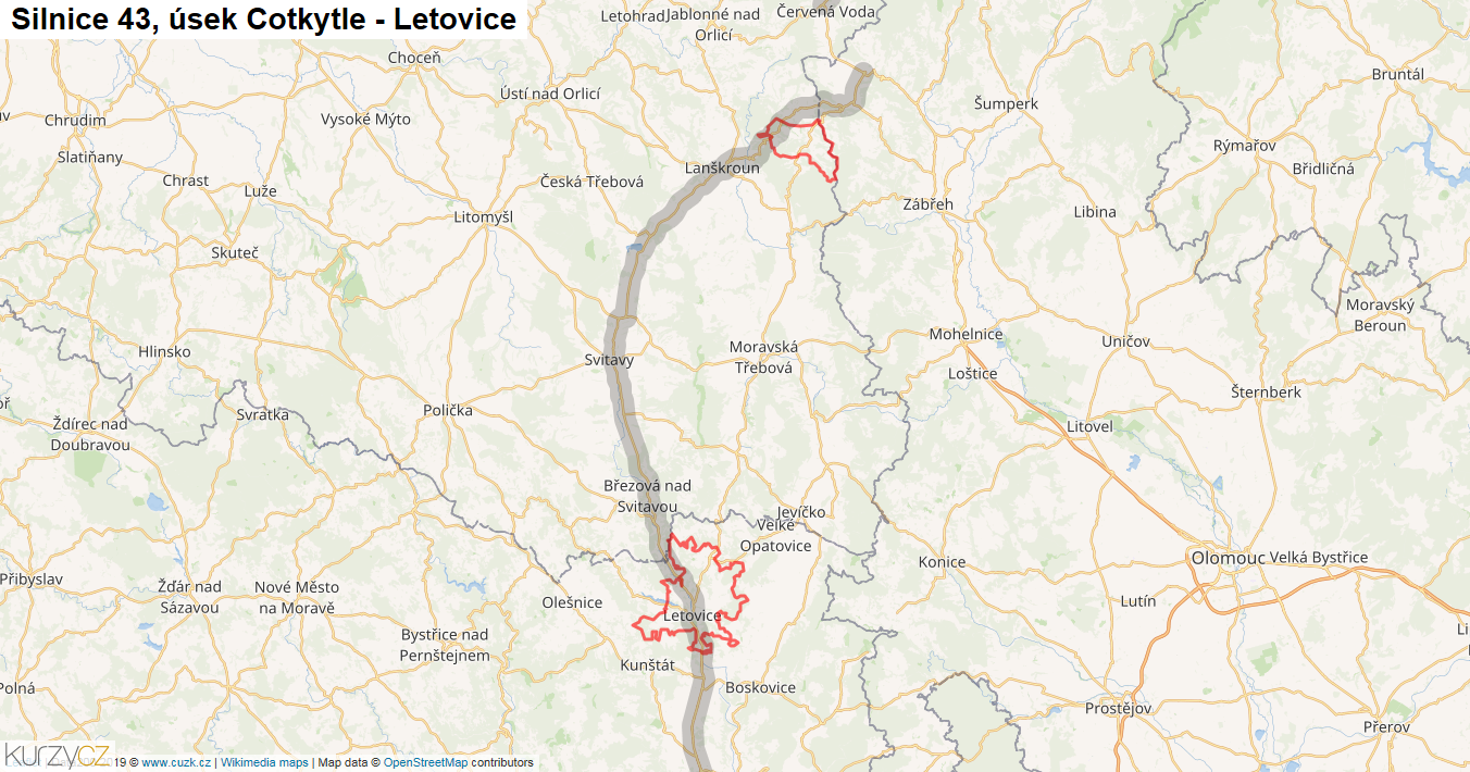 Úsek Cotkytle - Letovice, Silnice 43 - Mapa