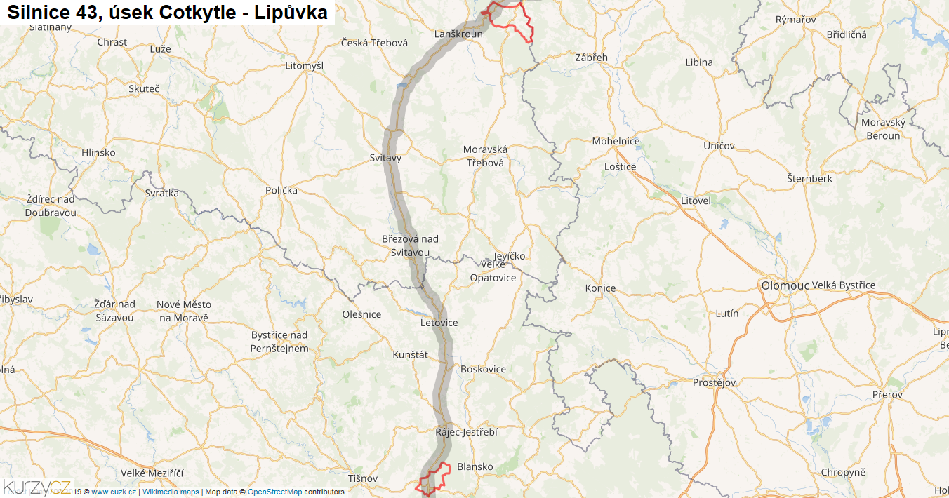 Úsek Cotkytle - Lipůvka, Silnice 43 - Mapa
