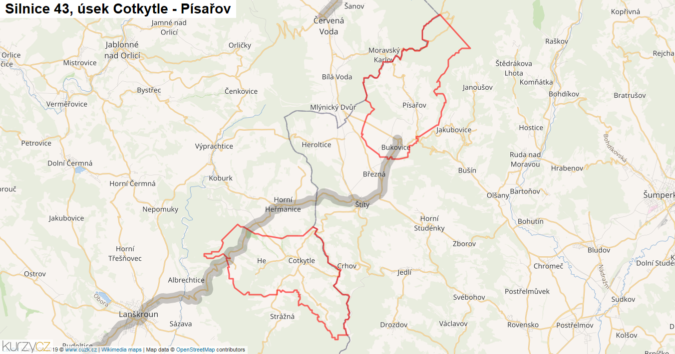 Úsek Cotkytle - Písařov, Silnice 43 - Mapa