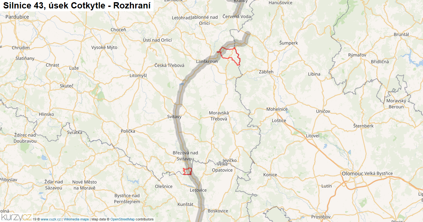 Úsek Cotkytle - Rozhraní, Silnice 43 - Mapa