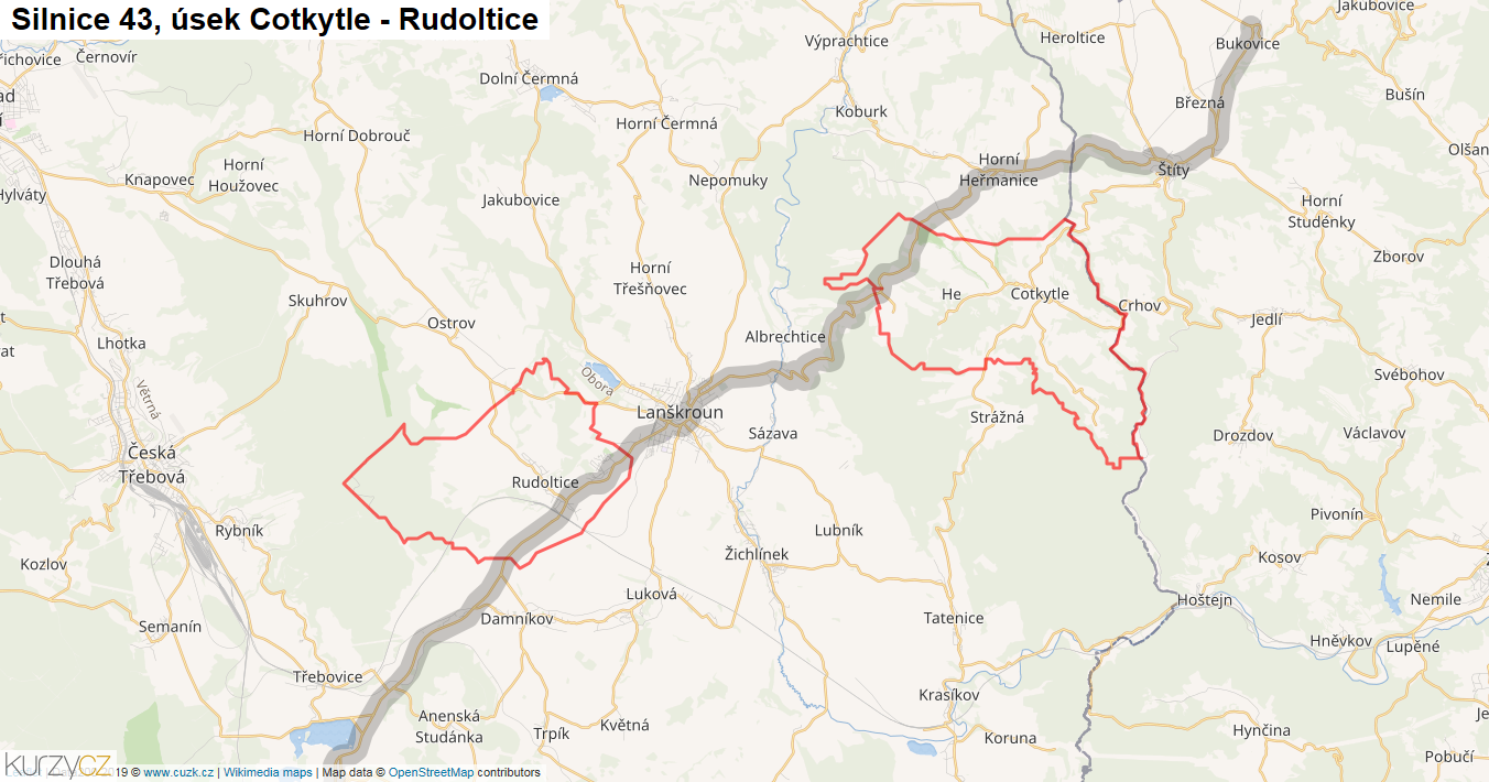 Úsek Cotkytle - Rudoltice, Silnice 43 - Mapa
