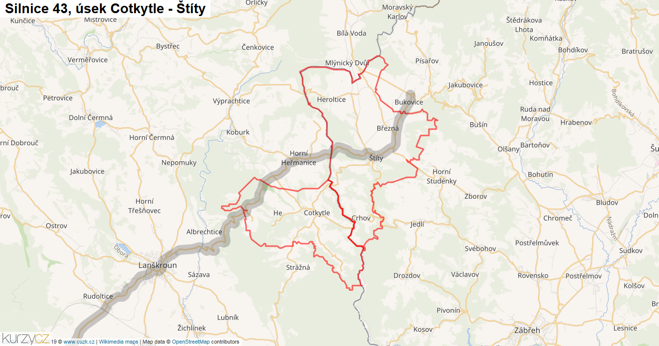 Úsek Cotkytle - Štíty, Silnice 43 - Mapa