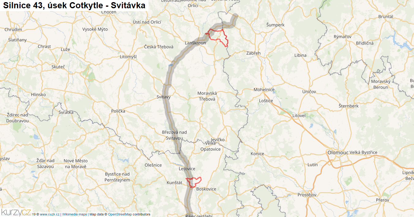 Úsek Cotkytle - Svitávka, Silnice 43 - Mapa