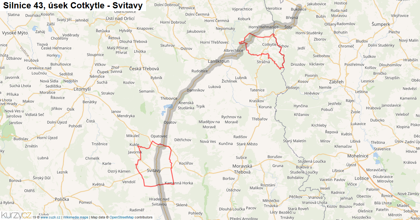 Úsek Cotkytle - Svitavy, Silnice 43 - Mapa