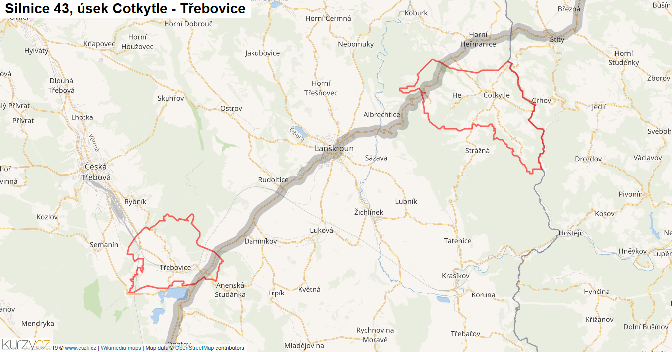 Úsek Cotkytle - Třebovice, Silnice 43 - Mapa