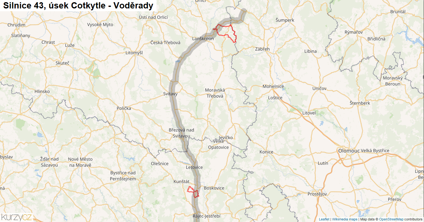 Úsek Cotkytle - Voděrady, Silnice 43 - Mapa