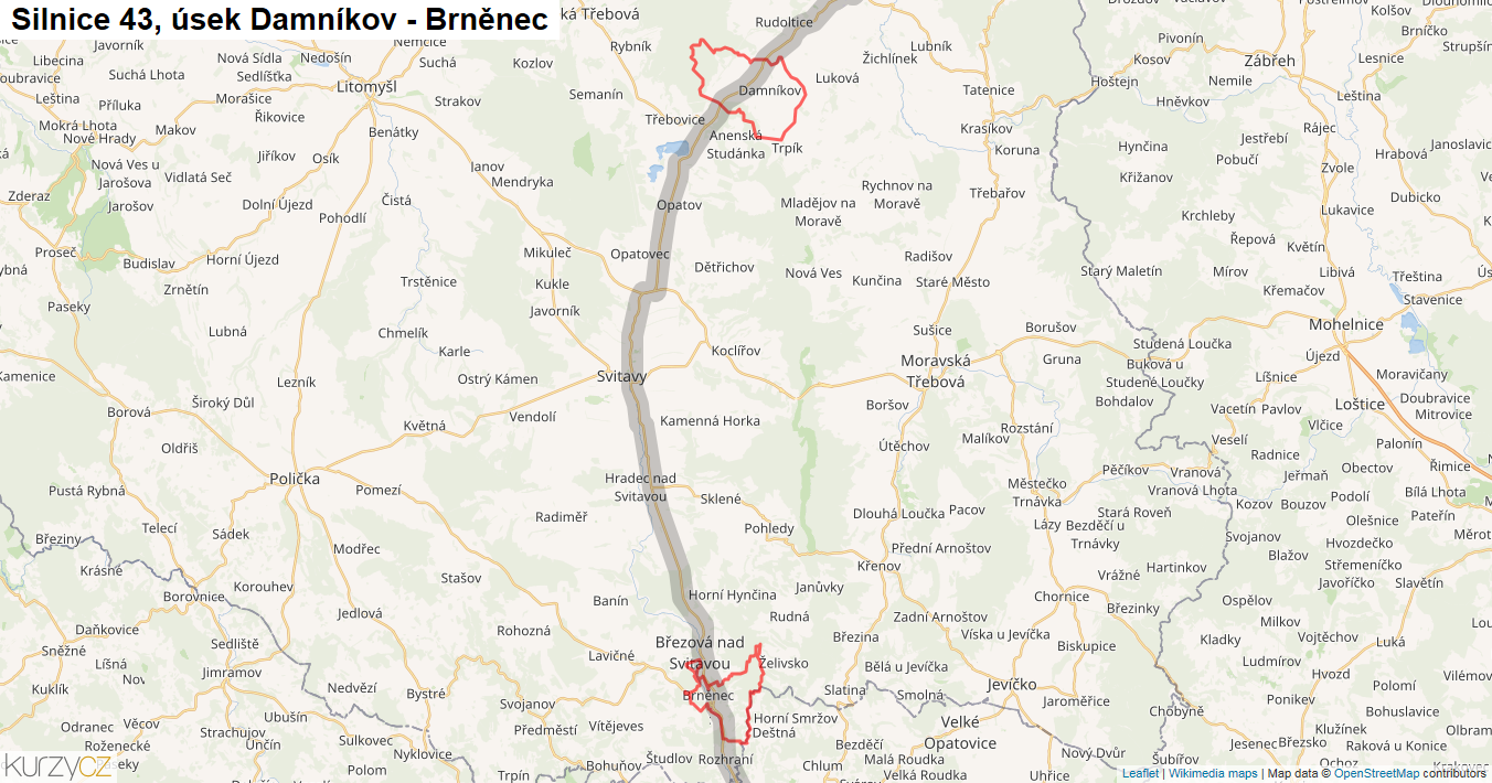 Úsek Damníkov - Brněnec, Silnice 43 - Mapa