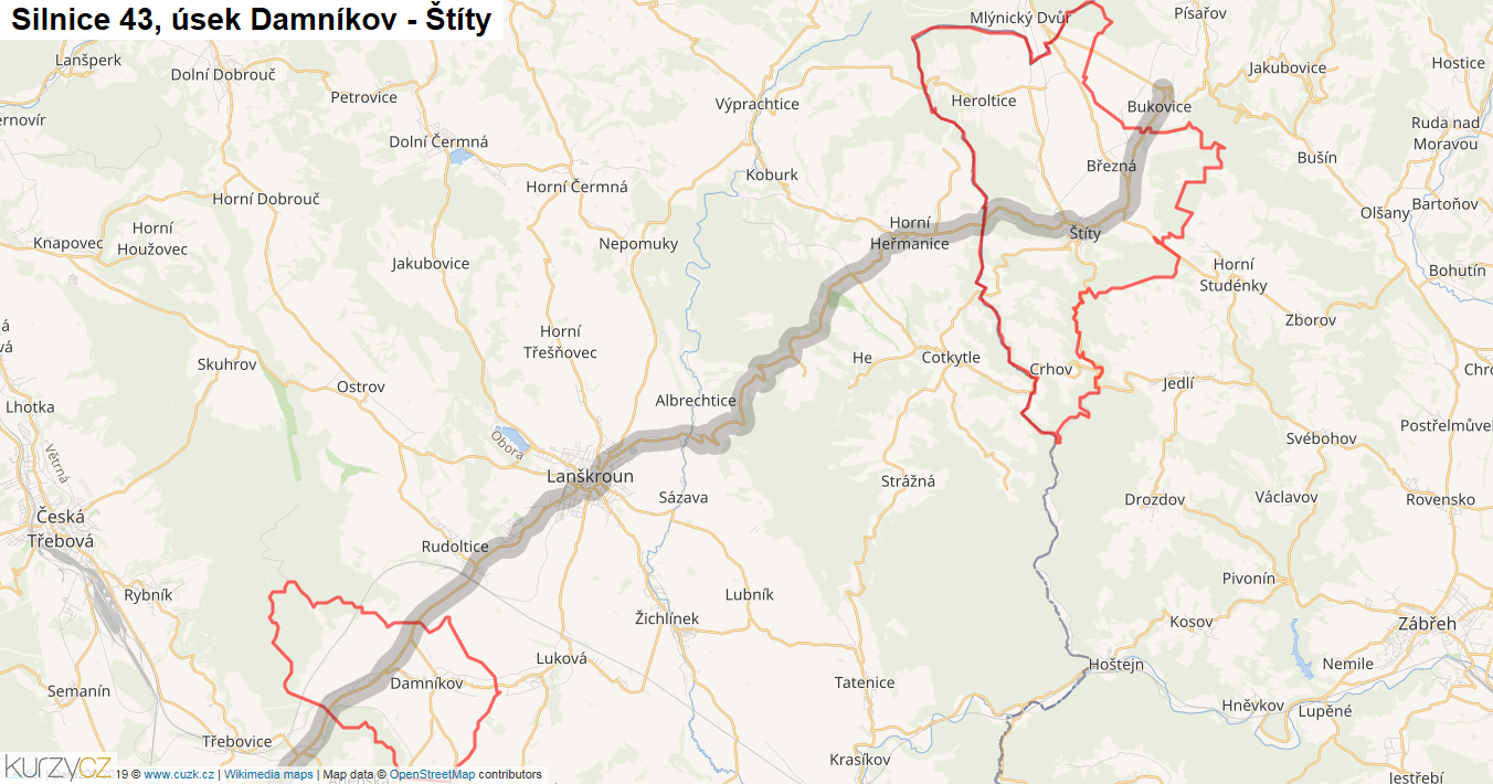Úsek Damníkov - Štíty, Silnice 43 - Mapa