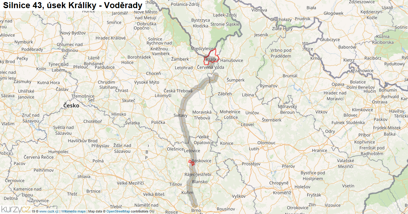Úsek Králíky - Voděrady, Silnice 43 - Mapa