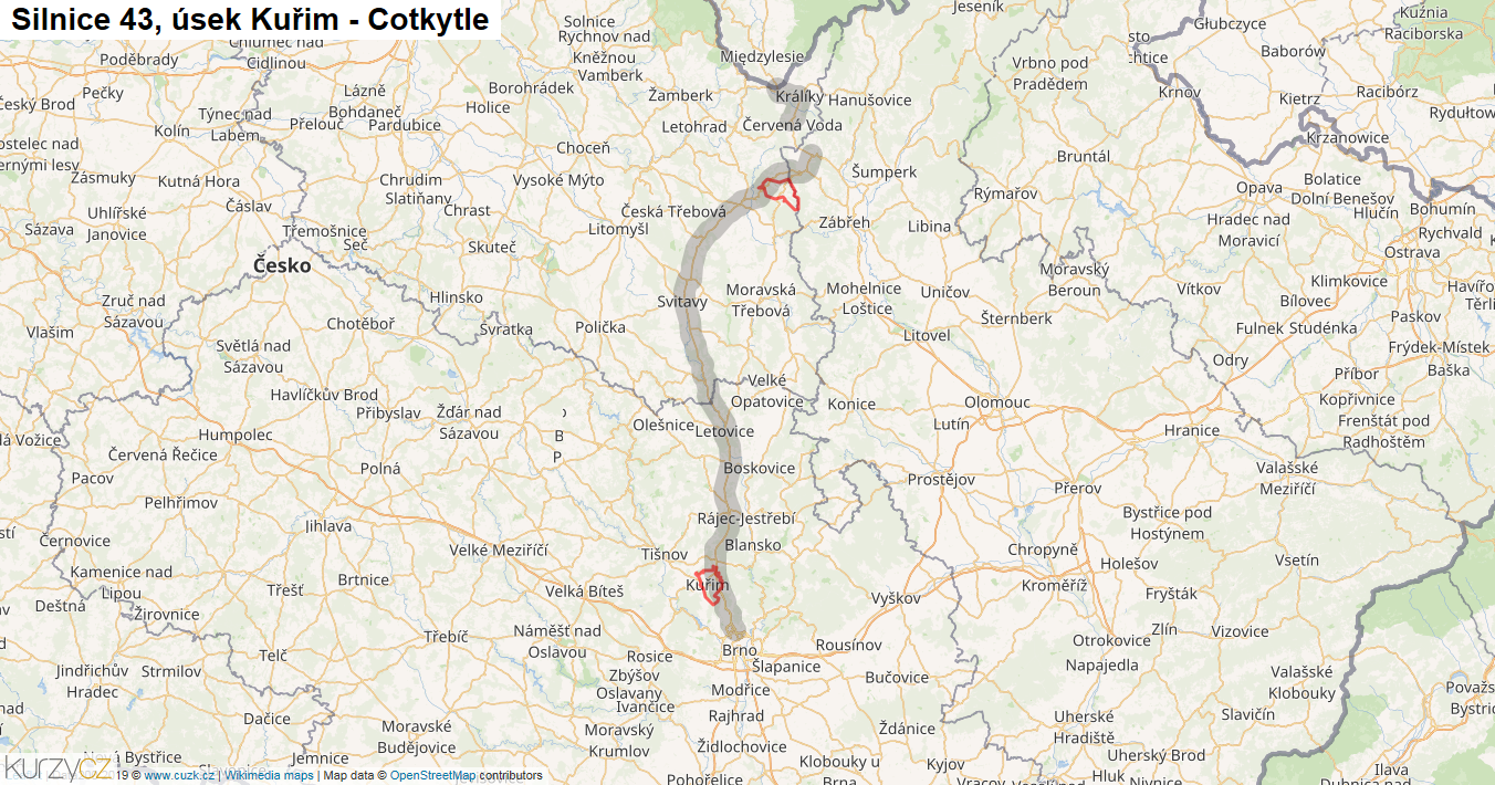 Úsek Kuřim - Cotkytle, Silnice 43 - Mapa