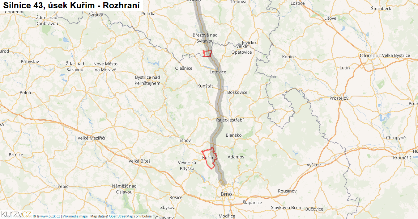 Úsek Kuřim - Rozhraní, Silnice 43 - Mapa