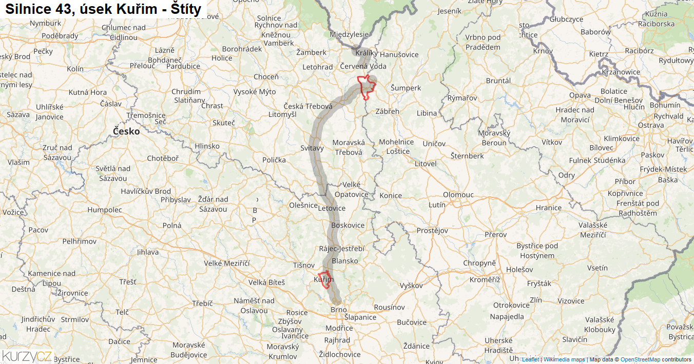 Úsek Kuřim - Štíty, Silnice 43 - Mapa