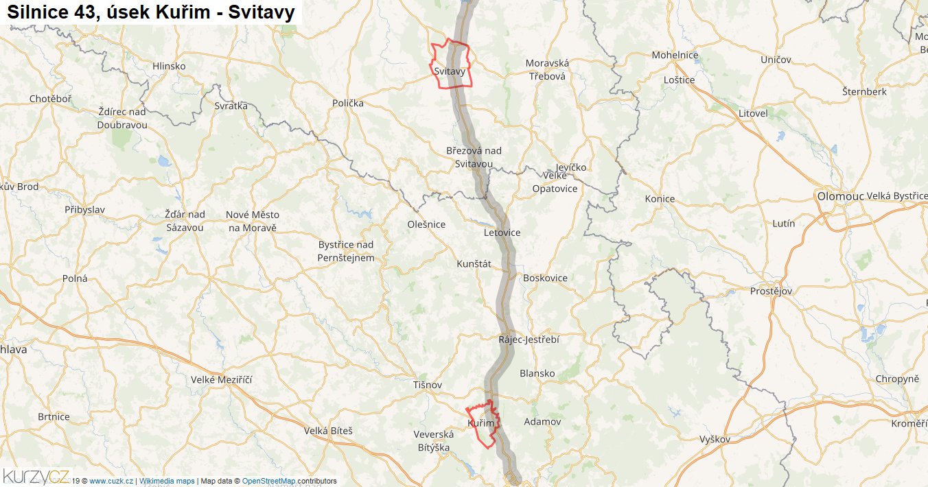 Úsek Kuřim - Svitavy, Silnice 43 - Mapa