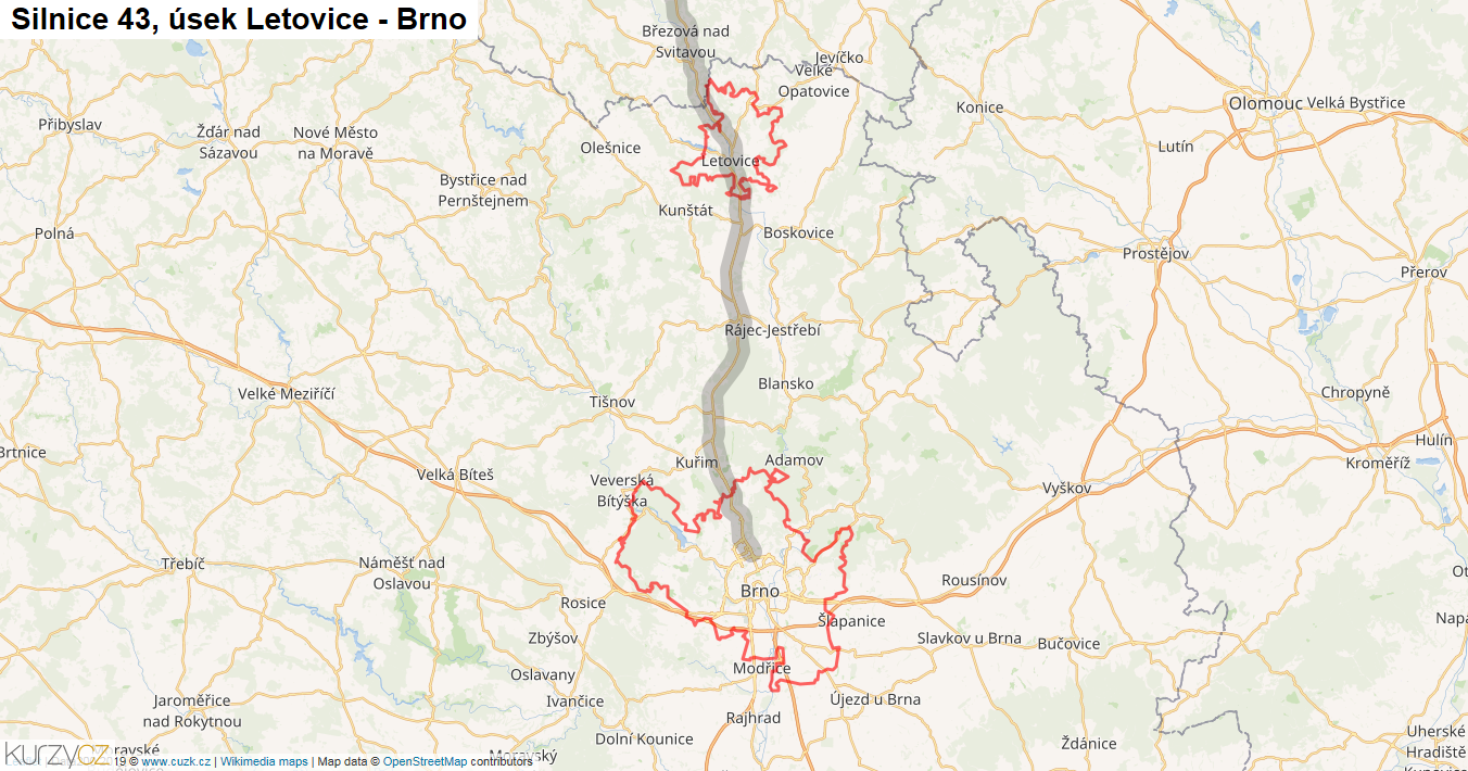 Úsek Letovice - Brno, Silnice 43 - Mapa