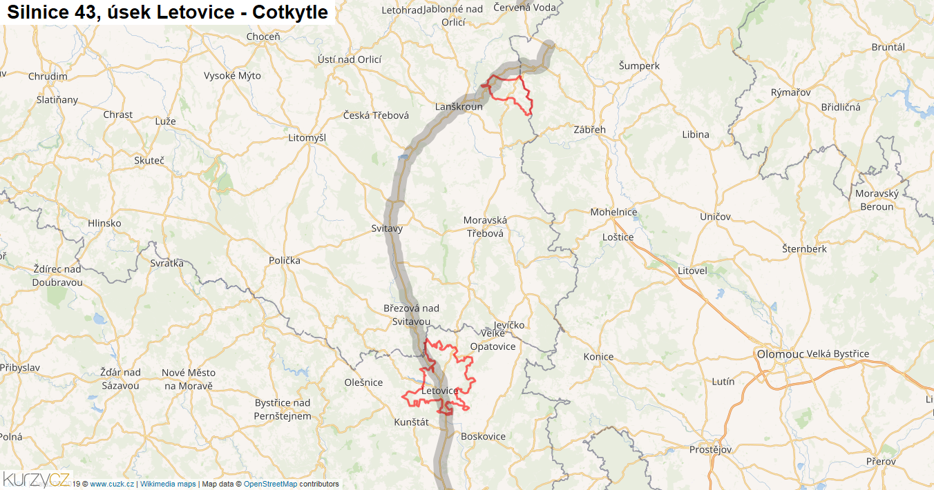 Úsek Letovice - Cotkytle, Silnice 43 - Mapa