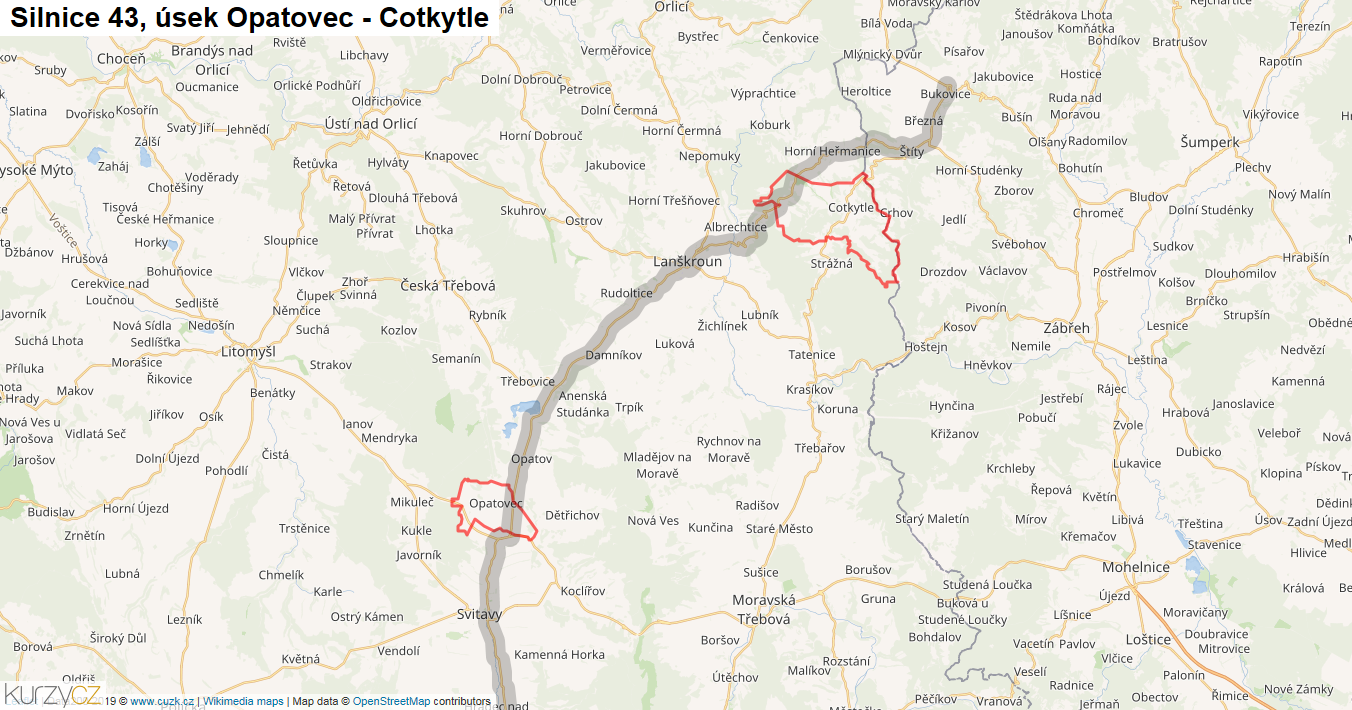 Úsek Opatovec - Cotkytle, Silnice 43 - Mapa