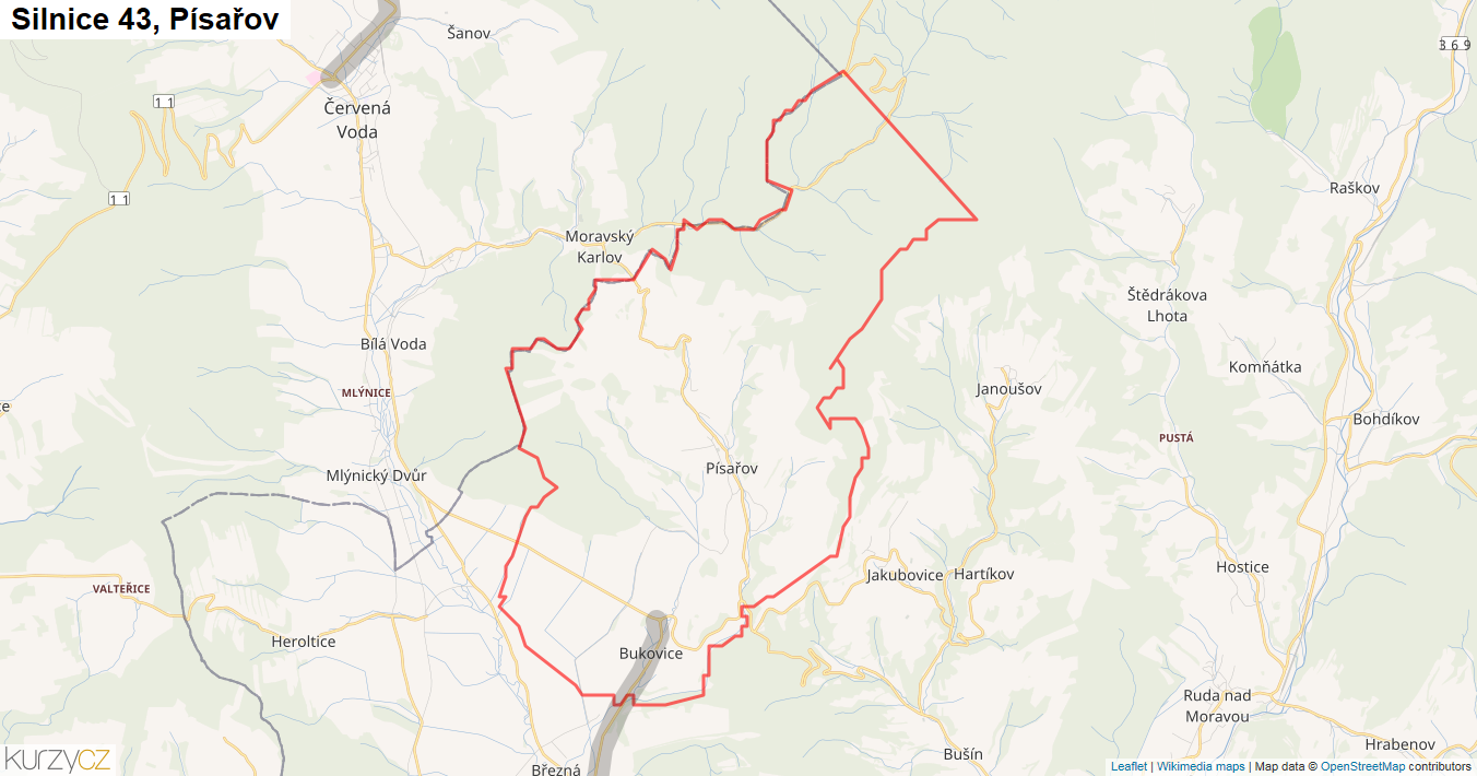 Písařov, Silnice 43 - Mapa