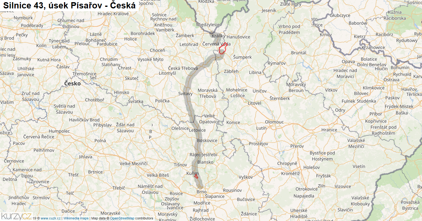 Úsek Písařov - Česká, Silnice 43 - Mapa