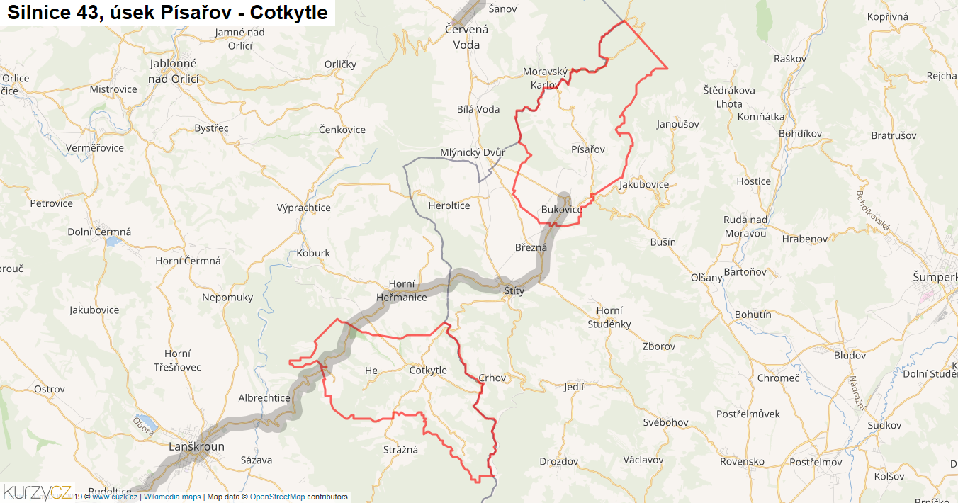 Úsek Písařov - Cotkytle, Silnice 43 - Mapa