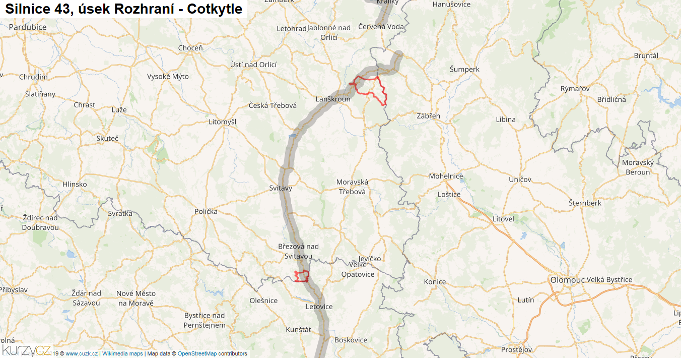 Úsek Rozhraní - Cotkytle, Silnice 43 - Mapa