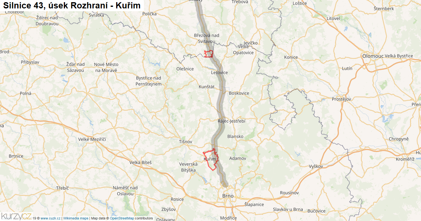 Úsek Rozhraní - Kuřim, Silnice 43 - Mapa