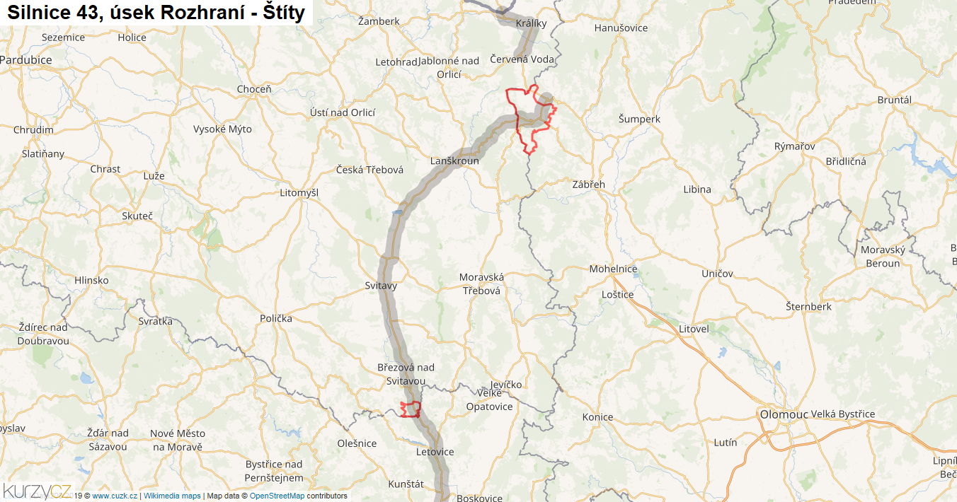 Úsek Rozhraní - Štíty, Silnice 43 - Mapa
