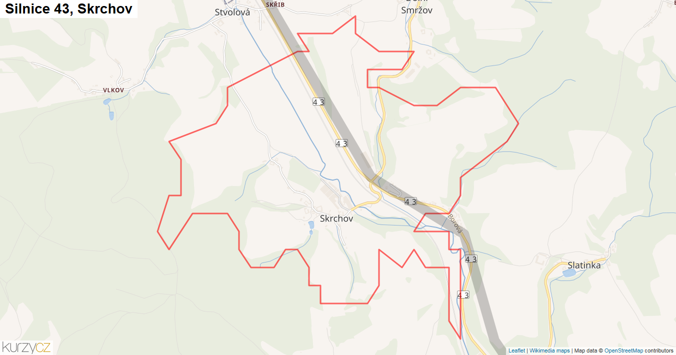 Skrchov, Silnice 43 - Mapa