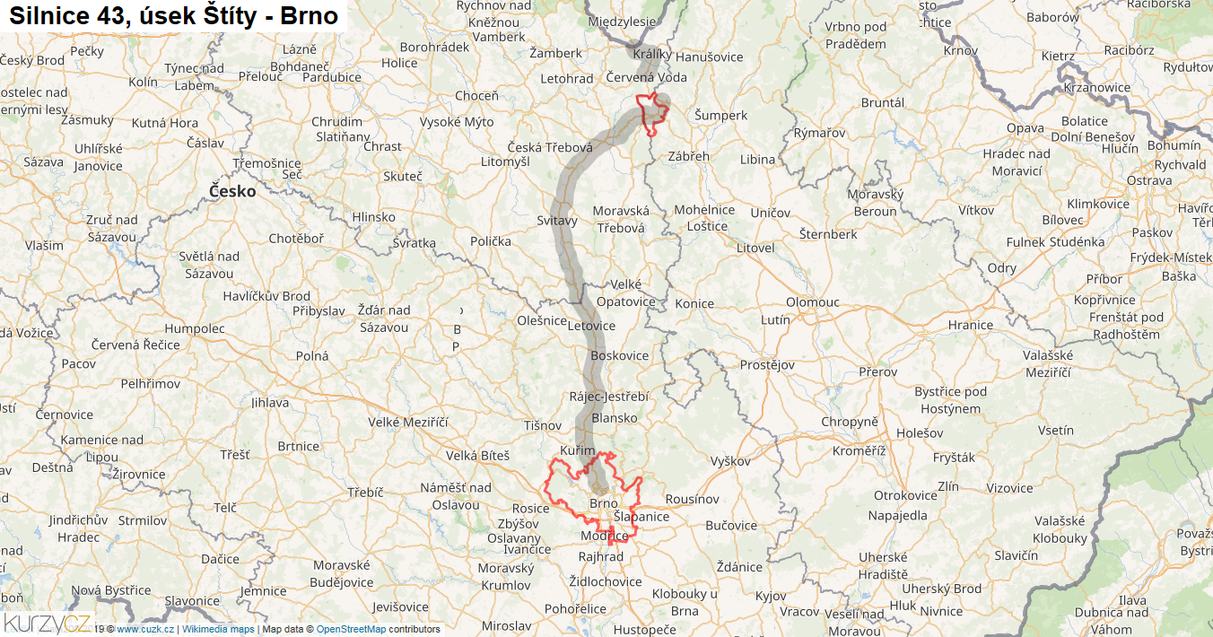 Úsek Štíty - Brno, Silnice 43 - Mapa