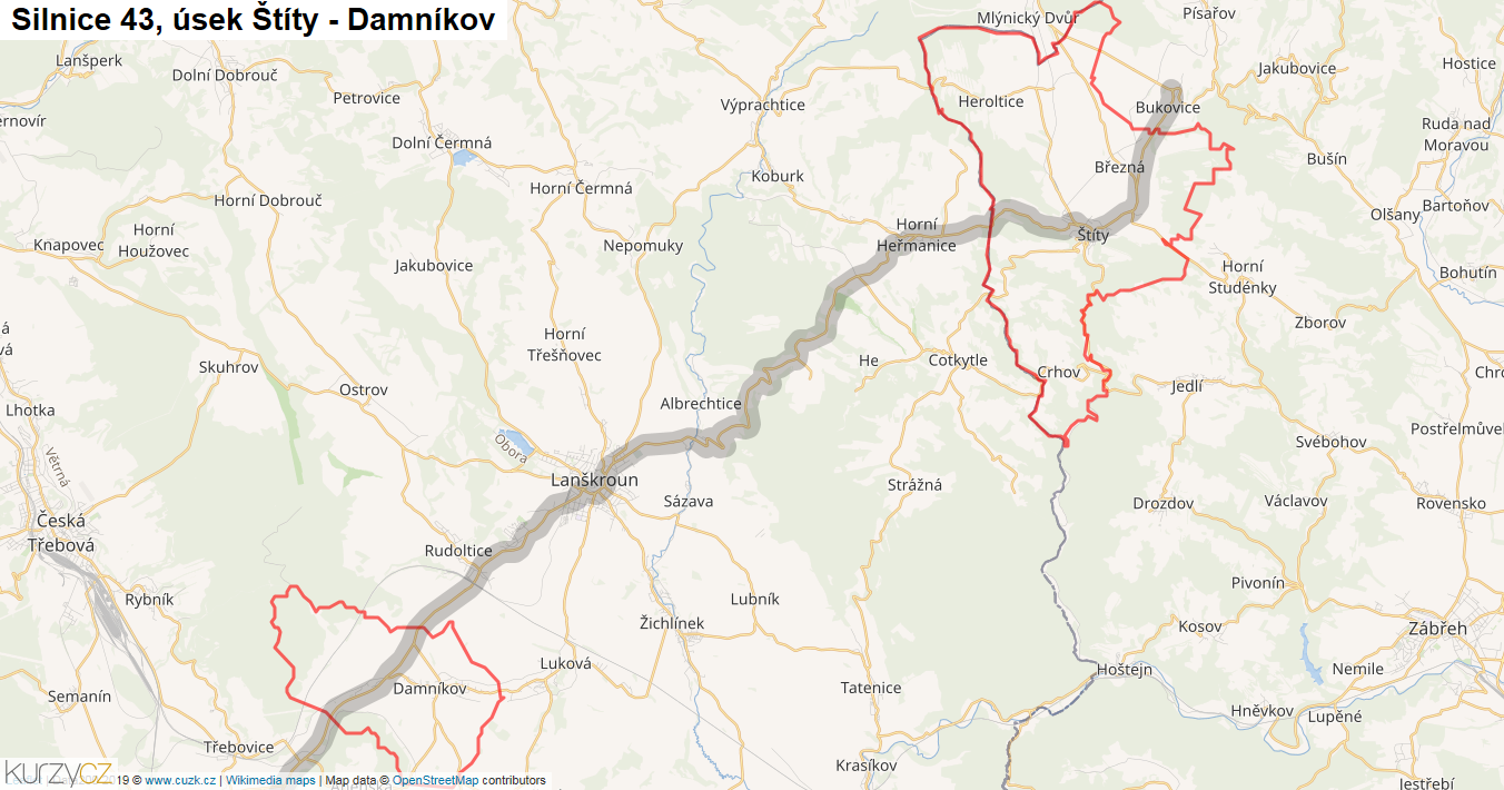 Úsek Štíty - Damníkov, Silnice 43 - Mapa